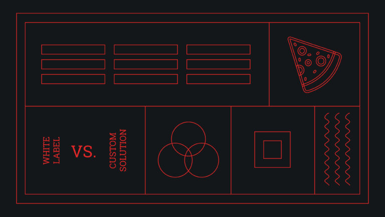 Graphic using different geometric shapes including a slice of pizza. Words on image say white label vs. custom solution.