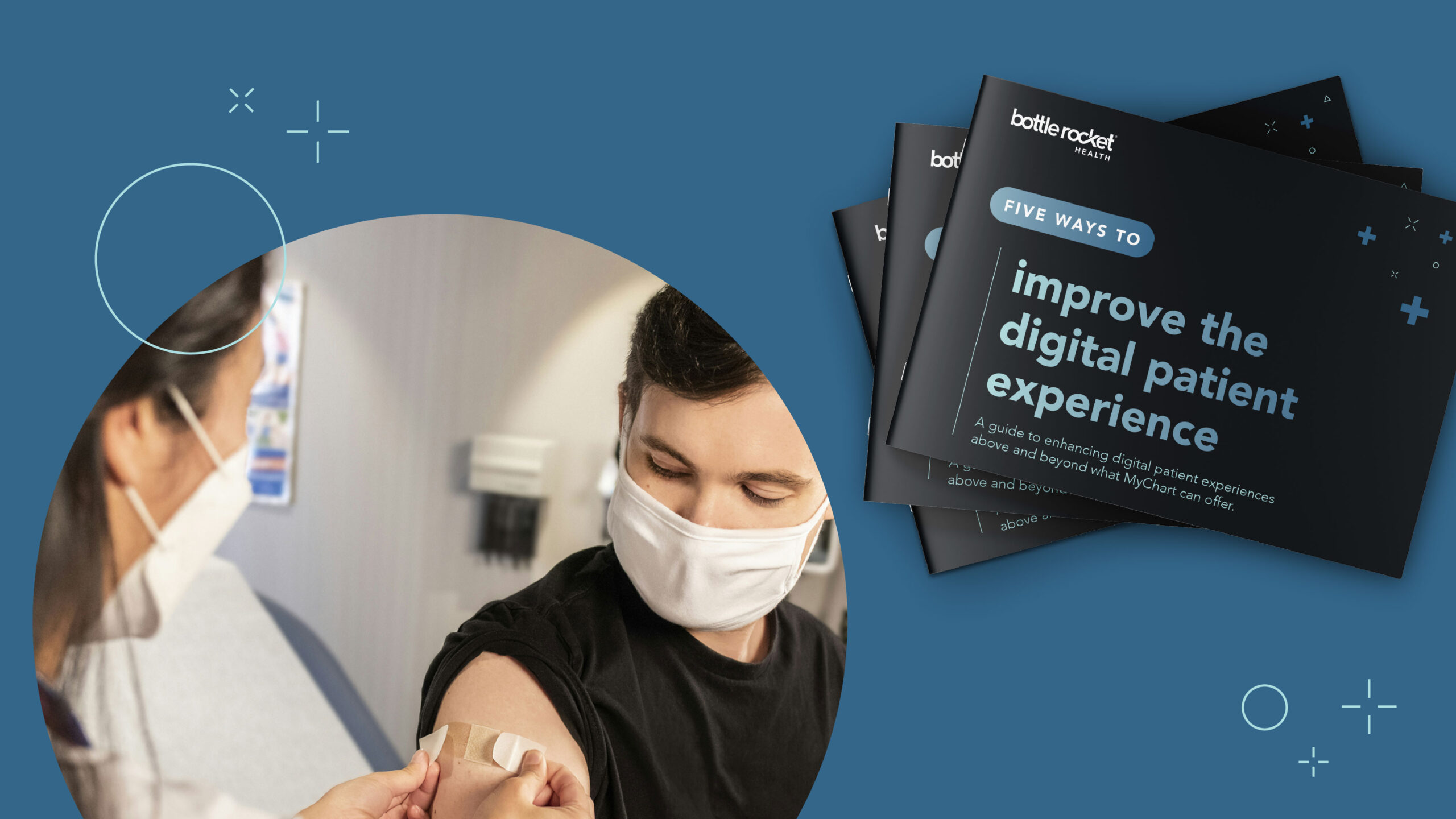 Five ways to Imrpove the Digital Patient Experience book mockup next to an image of a boy receiving a bandaid from a doctor or nurse.