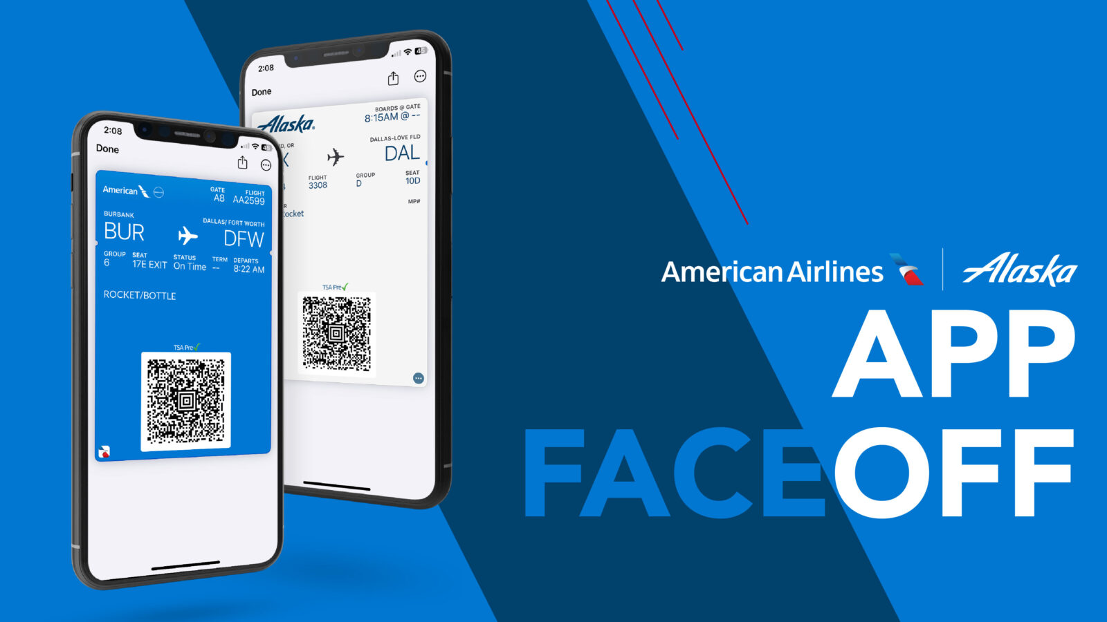 American Airlines and Alaska Airlines app faceoff showing each brands' ticket mobile screen.