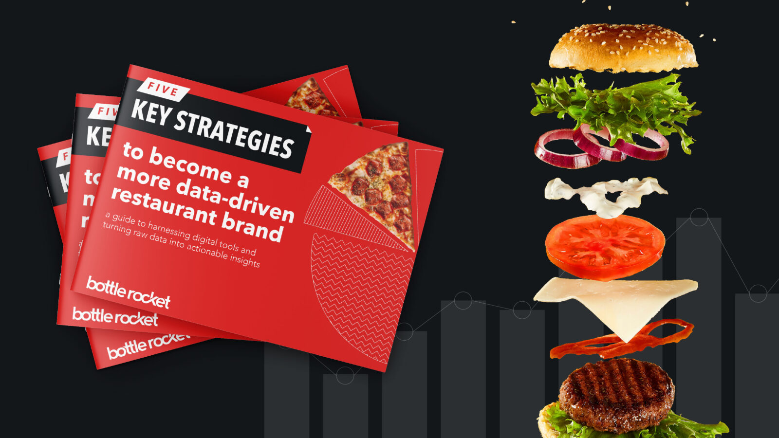 Five Key strategies e-book mockup next to an expanded view of a juicy burger.