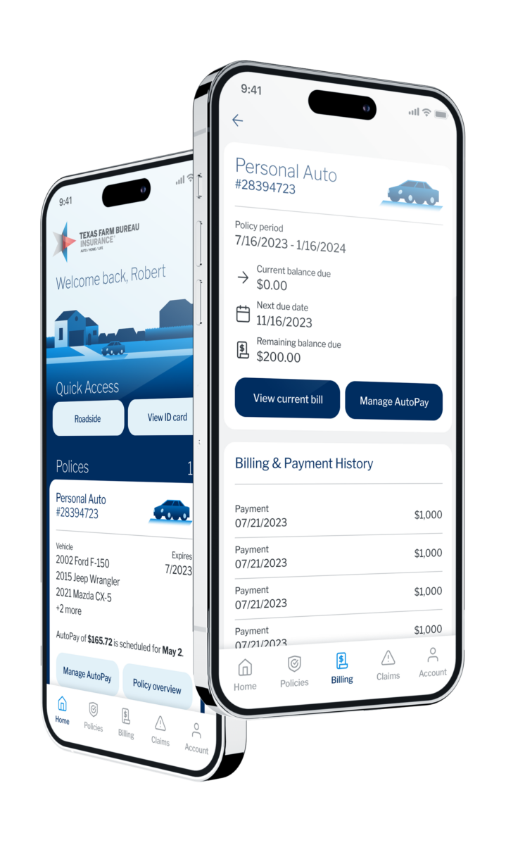 Two phone screens showcasing the Texas Farm Bureau Insurance app.