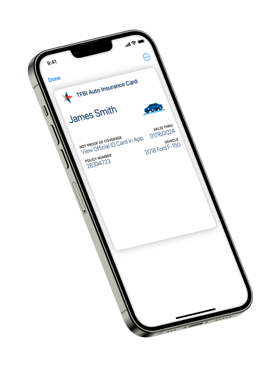 Phone screen with Texas Farm Bureau Insurance card in Wallet.