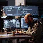 Man sitting at computer in front of multiple screens.