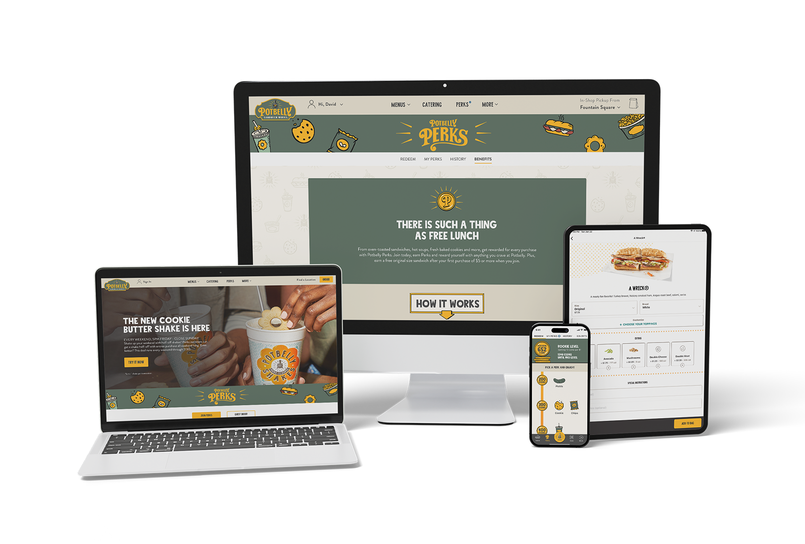 Digital devices showcasing the responsiveness of the new Potbelly website.