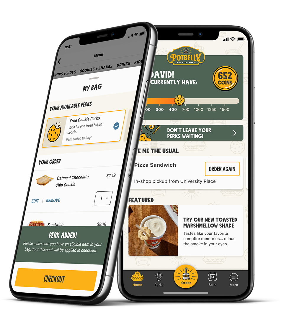 Potbelly mobile app screens on phone mockup